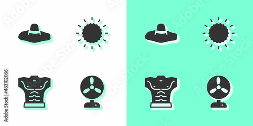 Set Electric fan, Elegant women hat, Bodybuilder muscle and Sun icon. Vector
