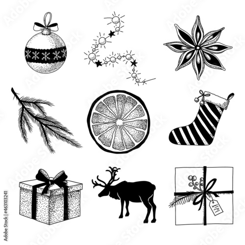 Set of hand drawn Vector Christmas doodle Sketches. Illustration of gifts, ball, garland, star anise, tree branch, orange slice and sock. Black and white color