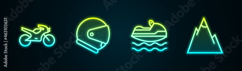 Set line Motorcycle, Helmet, Jet ski and Mountains. Glowing neon icon. Vector
