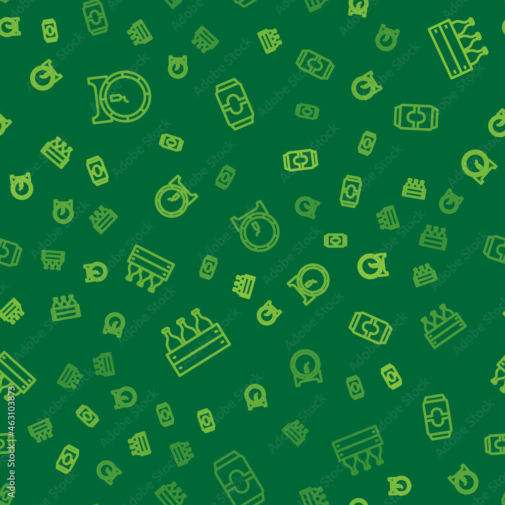 Set line Wooden barrel on rack, Bottles of wine in wooden box and Beer can on seamless pattern. Vector Set line Wooden barrel on rack, Bottles of wine in wooden box and Beer can on seamless pattern. Vector