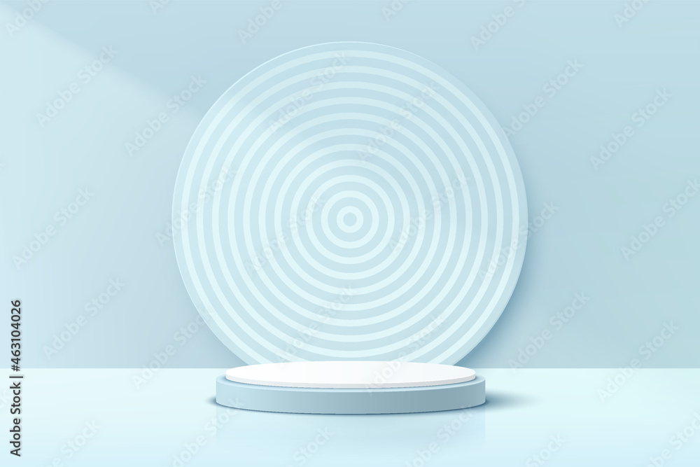 Obraz premium Abstract realistic 3D white and blue cylinder pedestal podium with circle spiral pattern backdrop. Pastel blue minimal wall scene for product display presentation. Vector geometric rendering platform.