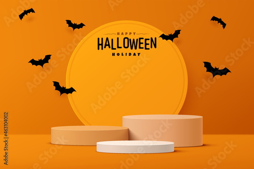 Abstract realistic 3D white and orange cylinder pedestal podium set with bat cartoon flying. Happy halloween minimal scene for product display presentation. Vector geometric rendering platform design.
