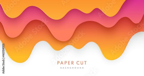 Abstract yellow, orange and sweet pink paper cut wavy shapes layers on white background. Vector background with yellow honey or melting caramel syrup. Flow of sweet sticky liquid. Vector illustration