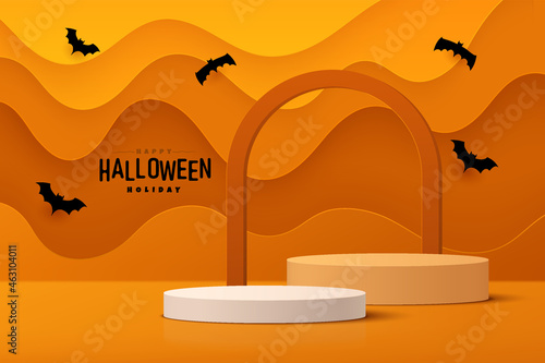 Abstract realistic 3D white and orange cylinder pedestal podium set with wavy layers backdrop. Happy halloween minimal scene for product display presentation. Vector geometric rendering platform.