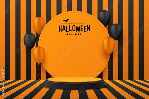 Abstract realistic 3D orange cylinder pedestal podium with balloons. Vertical black and orange stripes. Happy halloween scene for product display presentation. Vector geometric rendering platform.