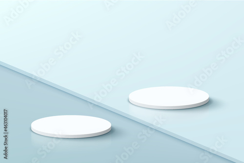 Abstract realistic 3D white cylinder pedestal podium set on steps floor. Pastel blue minimal wall scene for product display presentation. Vector geometric rendering platform. Studio room concept.
