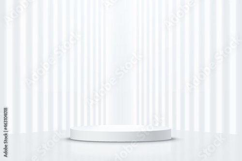 Abstract realistic 3d silver cylinder pedestal podium with perspective vertical glowing neon lighting. Vector rendering for product display presentation. Futuristic minimal scene. Sci-fi empty room.