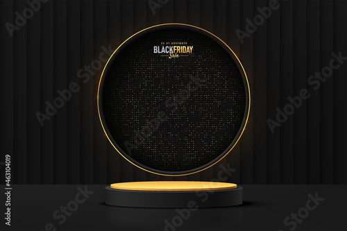 Abstract realistic 3D black and gold cylinder pedestal podium with golden glitter in circle window. Luxury black friday sale scene for product display presentation. Vector geometric rendering platform