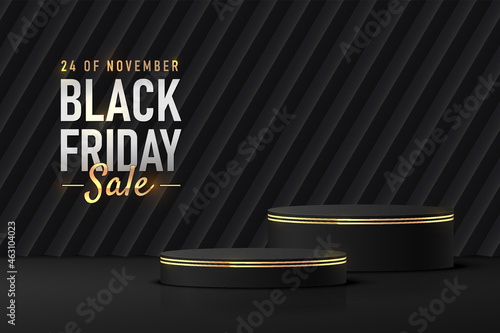 Abstract realistic 3D black cylinder pedestal podium set with oblique dark rectangle background. Luxury black friday sale scene for product display presentation. Vector geometric rendering platform.