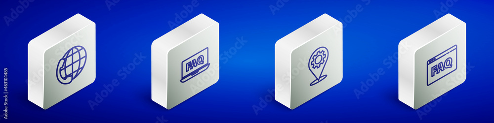 Set Isometric line Telephone 24 hours support, Laptop and FAQ, Location with gear and Browser icon. Vector Set Isometric line Telephone 24 hours support, Laptop and FAQ, Location with gear and Browser icon. Vector