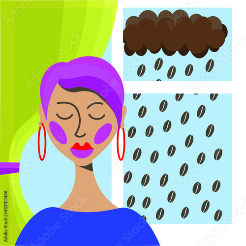 Portrait of a beautiful girl with pink hair. Cartoon  woman. Avatar for social networks.  Bright vector illustration in flat style. Coffee mania concept. Coffee rain. 