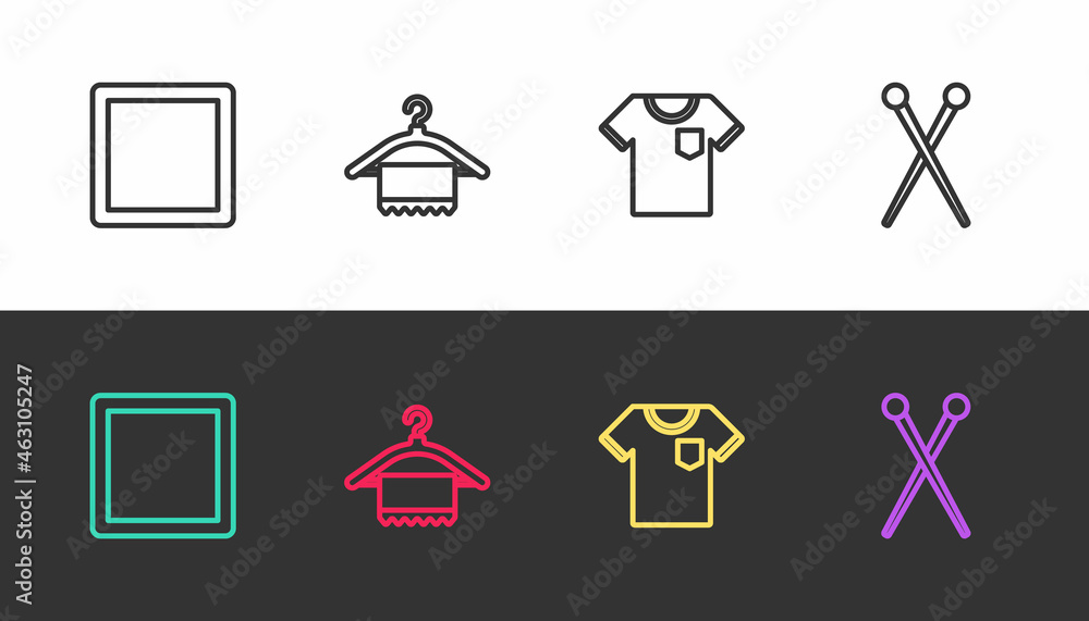 Set line Sewing Pattern, Hanger wardrobe, T-shirt and Knitting needles on black and white. Vector Set line Sewing Pattern, Hanger wardrobe, T-shirt and Knitting needles on black and white. Vector