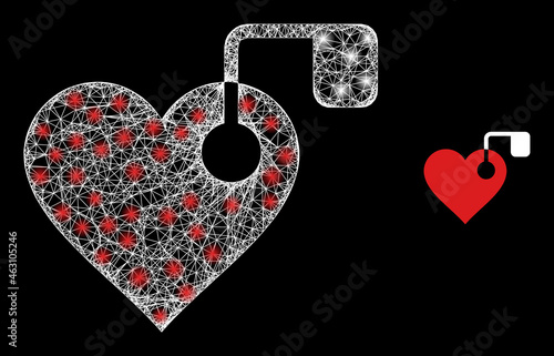 Glossy mesh vector heart pacemaker with glare effect. White mesh, glare spots on a black background with heart pacemaker icon. Mesh and glowing elements are placed on different layers.
