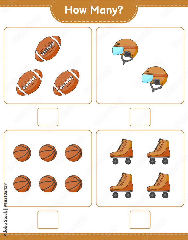 Counting game, how many Hockey Helmet, Roller Skate, Basketball, and Soccer Ball. Educational children game, printable worksheet, vector illustration Counting game, how many Hockey Helmet, Roller Skate, Basketball, and Soccer Ball. Educational children game, printable worksheet, vector illustration