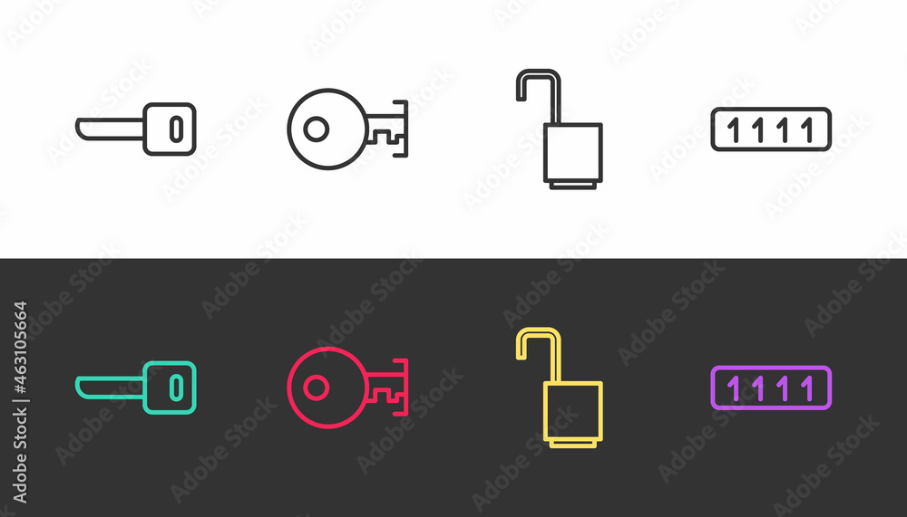 Set line Key, , Open padlock and Password protection on black and white. Vector Set line Key, , Open padlock and Password protection on black and white. Vector