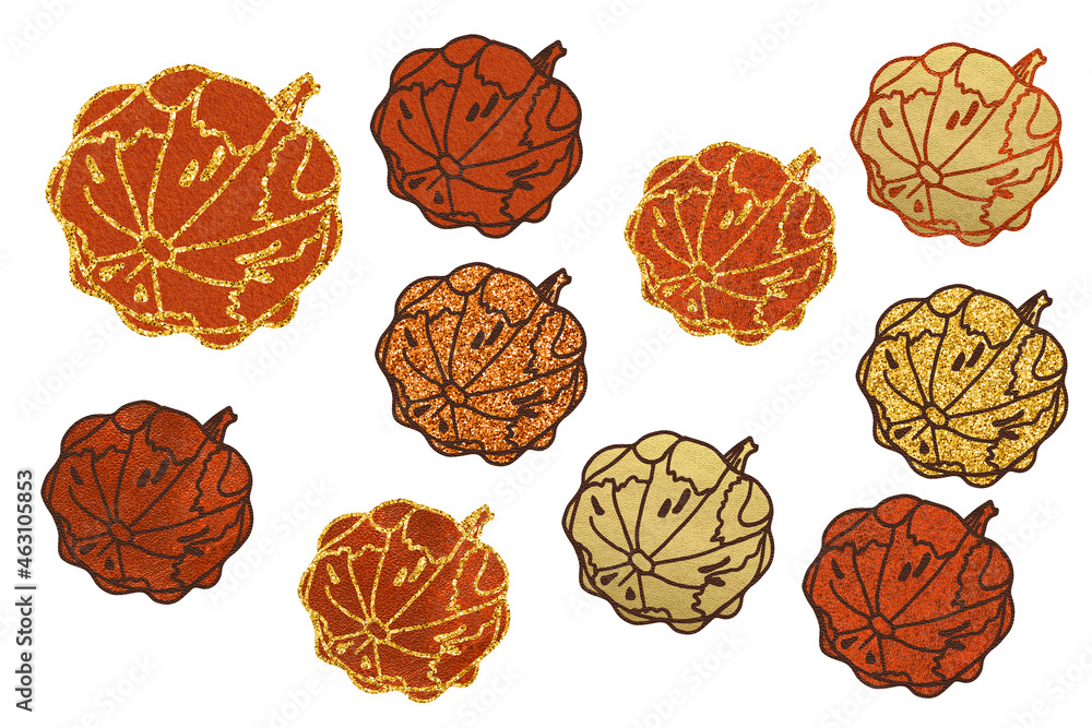Textured pumpkins with glitter outline. Autumn clip art set on white background Textured pumpkins with glitter outline. Autumn clip art set on white background