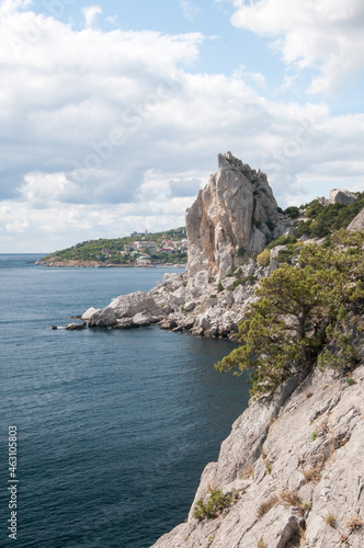 Landscape view of Swan Wing rock and Black Sea coastline between Simeiz and Katziveli villages, Crimea, Russia