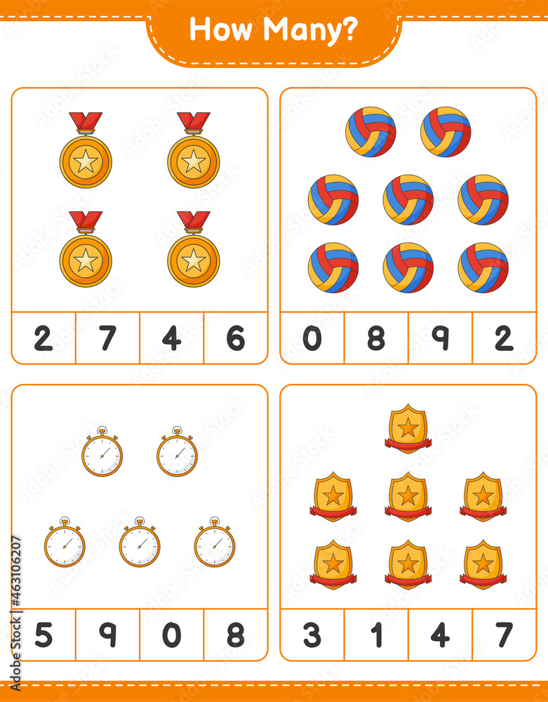 Counting game, how many Stopwatch, Trophy, and Volleyball. Educational children game, printable worksheet, vector illustration