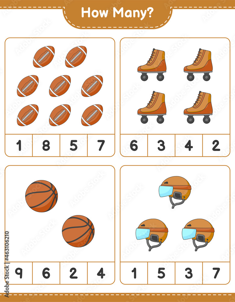 Counting game, how many Hockey Helmet, Roller Skate, Basketball, and Soccer Ball. Educational children game, printable worksheet, vector illustration