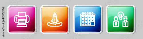 Set line Printer, Rocket, Calendar and People with lamp bulb. Colorful square button. Vector