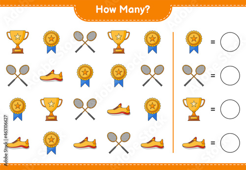 Counting game, how many Trophy, Running Shoes, and Badminton Rackets. Educational children game, printable worksheet, vector illustration