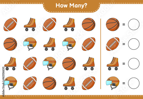 Counting game, how many Hockey Helmet, Roller Skate, Basketball, and Soccer Ball. Educational children game, printable worksheet, vector illustration