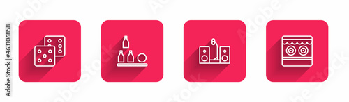 Set line Game dice, Bottles ball, Home stereo with two speakers and Shooting gallery with long shadow. Red square button. Vector