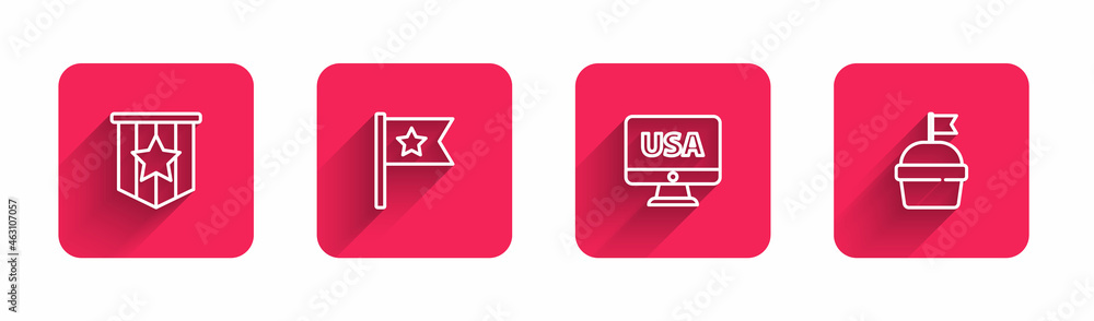 Set line American flag, , USA on monitor and Cake with long shadow. Red square button. Vector Set line American flag, , USA on monitor and Cake with long shadow. Red square button. Vector