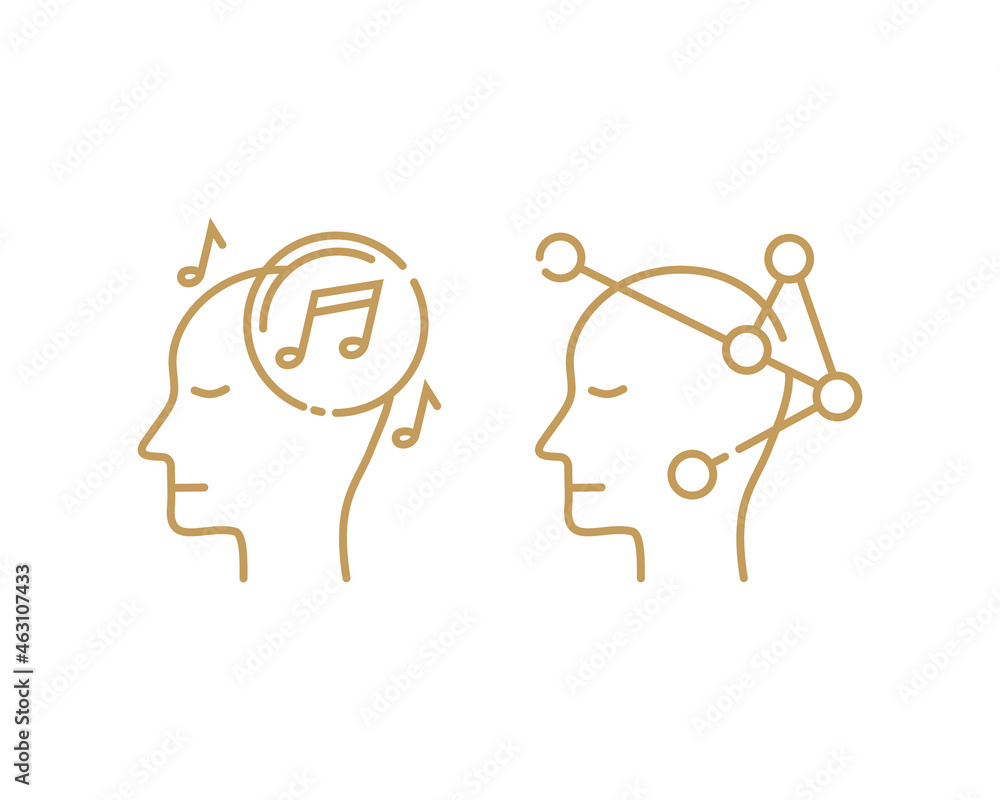 set of human mind icons in outline thin style. music listening and science thinking. the mental health psychology attribute design. simple and modern logo vector illustration. set of human mind icons in outline thin style. music listening and science thinking. the mental health psychology attribute design. simple and modern logo vector illustration.