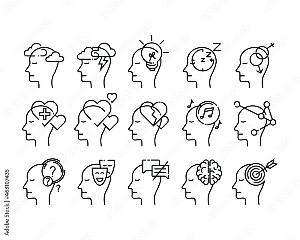 Obraz premium set of human mind icons in outline thin style. the mental health psychology attribute design. simple and modern logo vector illustration.
