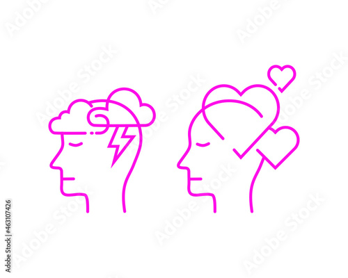 set of human mind icons in outline thin style. stressed and loving. the mental health psychology attribute design. simple and modern logo vector illustration.