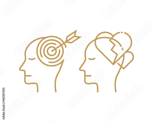 set of human mind icons in outline thin style. focusing and hearth breaking. the mental health psychology attribute design. simple and modern logo vector illustration.