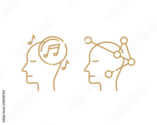 set of human mind icons in outline thin style. music listening and science thinking. the mental health psychology attribute design. simple and modern logo vector illustration.