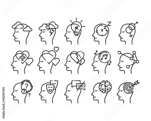 set of human mind icons in outline thin style. the mental health psychology attribute design. simple and modern logo vector illustration.