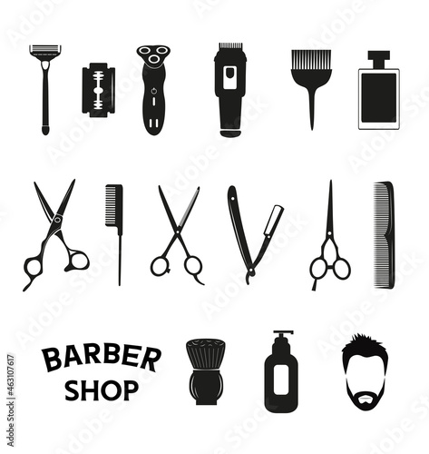 Barber tools and haircut icons set for men