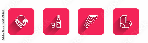 Set line Russian bagels, Bottle of vodka with glass, Kankles and Valenki with long shadow. Red square button. Vector