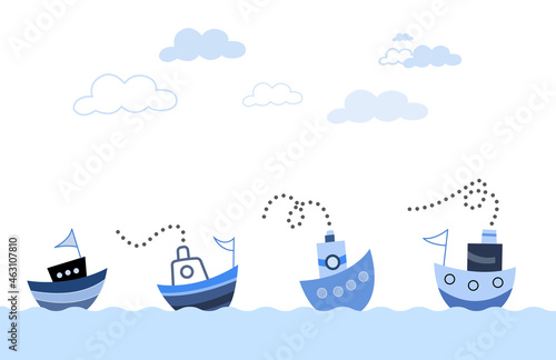 Fishing boats in the wavy sea with cloudy sky vector stock illustration