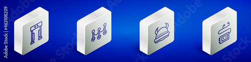 Set Isometric line Metal detector, Rope barrier, Viking in horned helmet and Museum audio guide icon. Vector