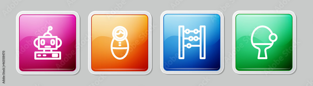 Set line Robot toy, Tumbler doll, Abacus and Racket and ball. Colorful square button. Vector Set line Robot toy, Tumbler doll, Abacus and Racket and ball. Colorful square button. Vector