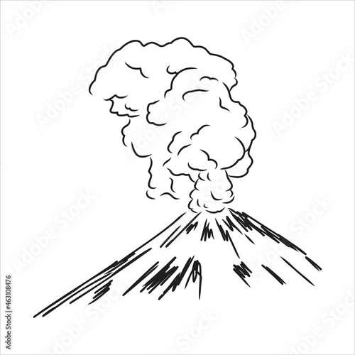 Vector draw sketch of the volcano. The eruption and smoke against the sky with clouds.