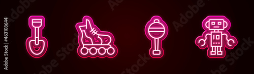 Set line Shovel toy, Roller skate, Rattle baby and Robot. Glowing neon icon. Vector