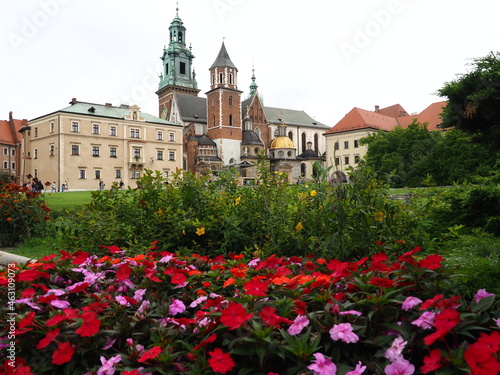 Flower bed and Wawel Cathedral of Krakow Poland