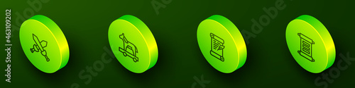 Set Isometric line Crossed medieval sword, Trojan horse, Decree, parchment, scroll and icon. Vector