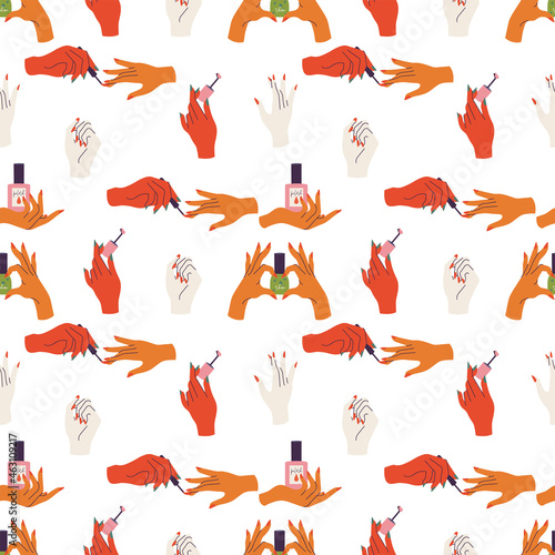 Fototapeta Naklejka Na Ścianę i Meble -  Vector illustration set of hands gestures with colored nails. Beauty and fashion concept. Seanless pattern.