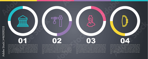 Set line Parthenon, Gallows, Ancient bust sculpture and Medieval bow. Business infographic template. Vector