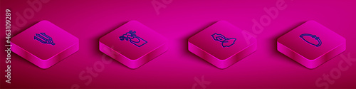 Set Isometric line Neptune Trident, Medusa Gorgon, Ancient bust sculpture and Medieval bow icon. Vector