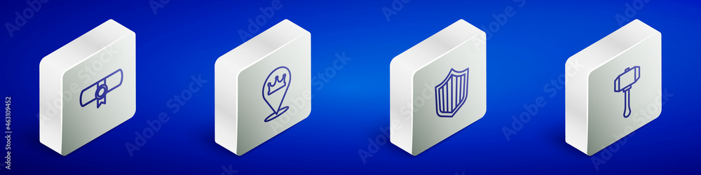 Set Isometric line Decree, parchment, scroll, Location king crown, Shield and Hammer icon. Vector