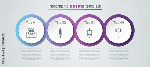 Set line Castle, fortress, Medieval sword, flag and Hammer. Business infographic template. Vector