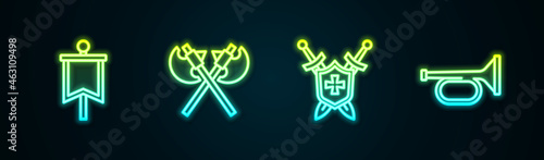 Set line Medieval flag, Crossed medieval axes, shield with swords and Trumpet. Glowing neon icon. Vector