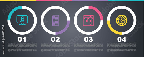 Set line Chess, Backgammon board, Bingo and Casino roulette wheel. Business infographic template. Vector